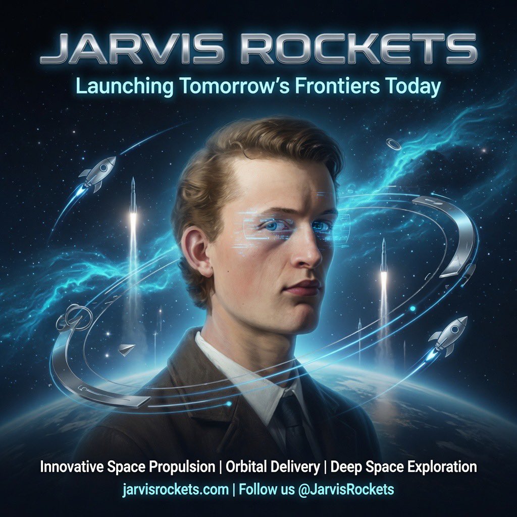Jarvis Rockets promotional image: A visionary leader with glowing blue eyes surrounded by rockets launching into space with the text 'JARVIS ROCKETS - Launching Tomorrow’s Frontiers Today'